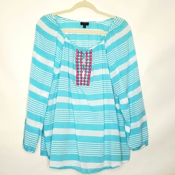 Talbots Woman Beaded Striped Top Size 2X Blue White Cotton Boho Popover Coastal - Picture 12 of 12